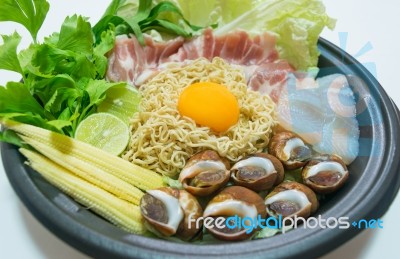 Noodle And Egg With Ingredient In Pot For Hot Sukiyaki Food Stock Photo