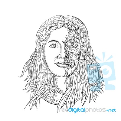 Norse Goddess Hel Face Front Drawing Black And White Stock Image