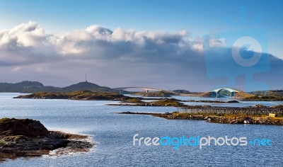 Norway Road And Bridges On Coastline Of A Fjord. Nordic Sunny Su… Stock Photo