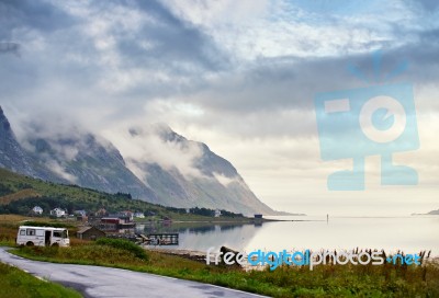 Norway Villages In Fjord. Cloudy Nordic Day Stock Photo