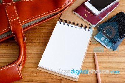 Notebook With Travel Accessories Stock Photo