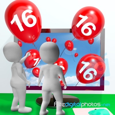 Number 16 Balloons From Monitor Show Online Invitation Or Celebr… Stock Image