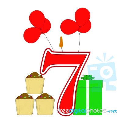 Number Seven Candle Shows Cupcakes Balloons And Presents Stock Image