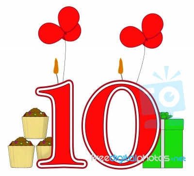 Number Ten Candles Mean Birthday Presents And Decorated Cupcakes… Stock Image