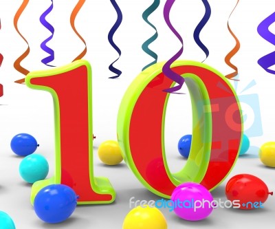 Number Ten Party Shows Bright Decorations And Colourful Balloons… Stock Image