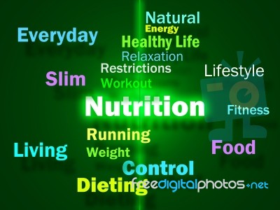 Nutrition Words Shows Healthy Food Vitamins Nutrients And Nutrit… Stock Image