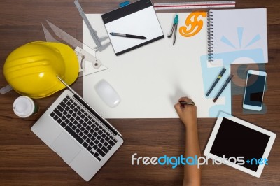 Office Desk Background Hand With Pen Writing Construction Project Stock Photo