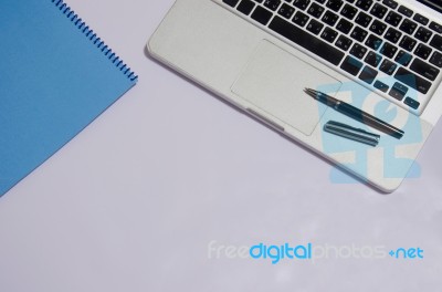 Office Desk Top View Stock Photo