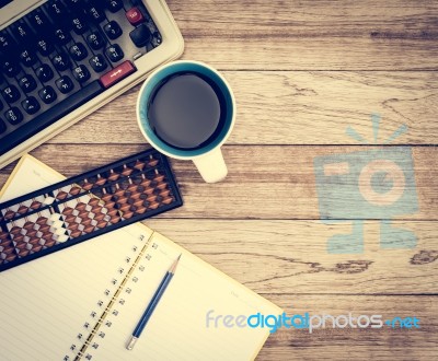 Office Desk With Coffee Background Stock Photo