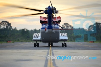 Offshore Helicopter Is Taxing To Runway For Departure Stock Photo