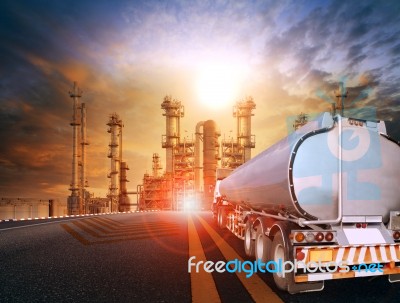 Oil Container Truck And Heavy Petrochemical Industries Plant For Petroleum Fuel Industrial Theme Stock Photo