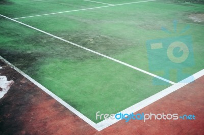 Old And Vintage Of Green Tennis Court, The Field Line And Corner Of Court Stock Photo