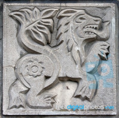 Old Bas-relief Of Fairytale Lion Stock Photo