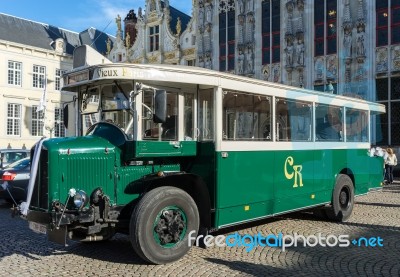 Old Bus In Market Square Bruges Stock Photo