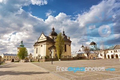 Old Cathedral And Church. Square In Old Town Stock Photo