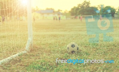 Old Football Vintage Photography With Soccer Goal With Lens Flare Effect Stock Photo