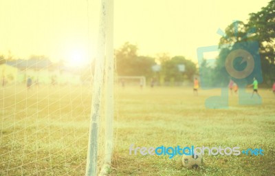 Old Football Vintage Photography With Soccer Goal With Lens Flare Effect Stock Photo