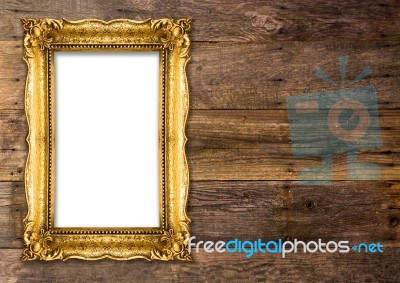 Old Gold Picture Frame On Wooden Background Stock Photo Old Gold Picture Frame On Wooden Background Stock Photo