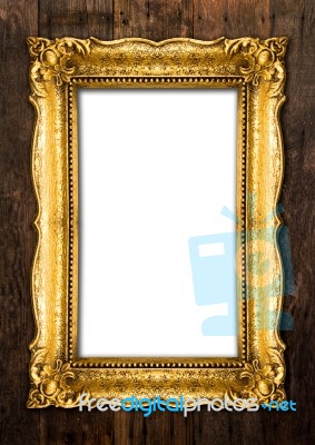 Old Gold Picture Frames On Wood Background Stock Photo