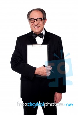 Old Man Holding Blank Clipboard Stock Photo