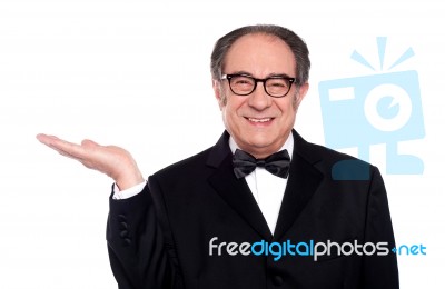 old Man with open palm up gesture Stock Photo