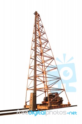 Old Pile Driver And Engine On White Background Stock Photo