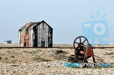 Old Shack And Rusty Machinery On Dungeness Beach Stock Photo Old Shack And Rusty Machinery On Dungeness Beach Stock Photo