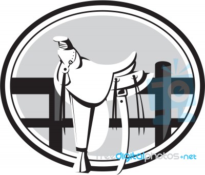 Old Style Western Saddle On Fence Oval Black And White Stock Image