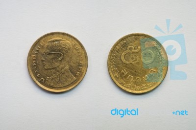 Old Thai Coin On White Background Stock Photo