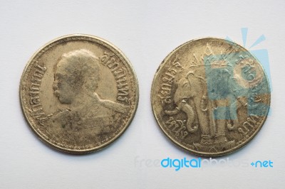 Old Thai Coin On White Background Stock Photo