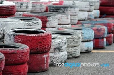 Old Tires On Racing Track Stock Photo