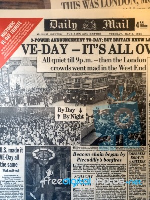 Old Ve Day Edition Newspaper At Michelham Priory Stock Photo