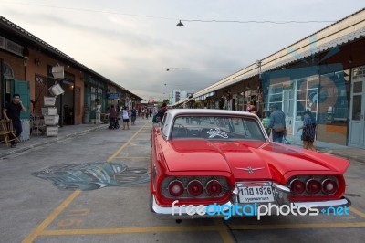 Old Vintage Red Car At Night Market, Srinakarin Road, Thailand Stock Photo