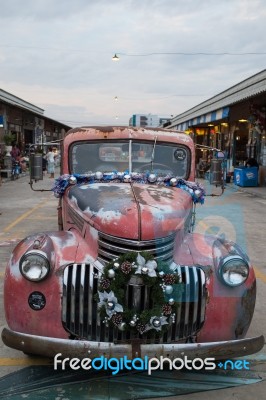 Old Vintage Red Chevrolet Truck At Night Market, Srinakarin Road… Stock Photo