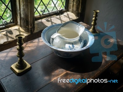 Old Water Jug And Basin At Michelham Priory Stock Photo