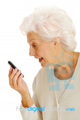 Old Woman With Mobile Stock Photo