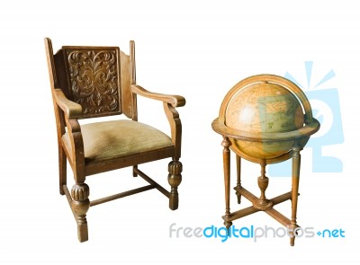 Old Wooden Chair And Globe Stock Photo Old Wooden Chair And Globe Stock Photo