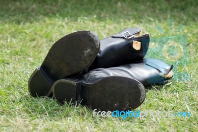 Old Ww2 Boots On Display At Shoreham Airfield Stock Photo