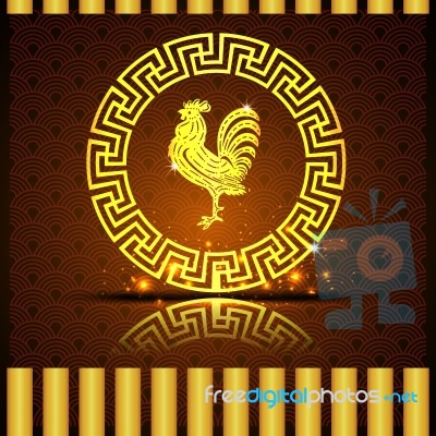 One Gold  Roosters In Chinese Circle On Brown Background And Shadow Stock Image