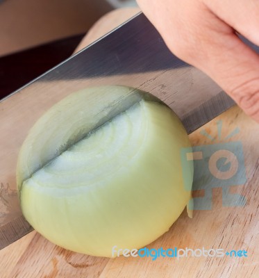 Onion Chopped Shows Prepare Food And Cook Stock Photo