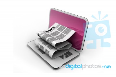 Online News, Newspaper Coming Through A Laptop Screen Stock Image