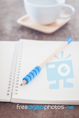 Open Blank Notebook With Pencil Stock Photo