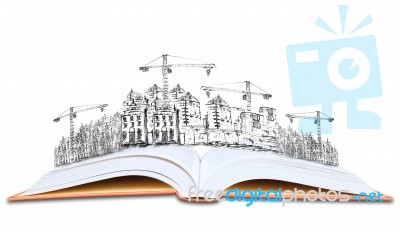 Open Book And Building Construction Knowledge Of  Architecture Stock Photo