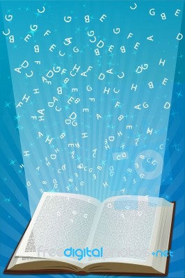 Open Book With Flying Texts Stock Image