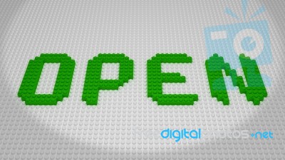 Open Green Bricks Wording Constructed On White Baseplate Stock Image