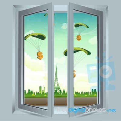 Open Window With Dollar Parachute Stock Image