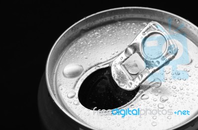 Opened Aluminum Can With Water Drop On Black Background Stock Photo