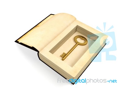 Opened Ancient Paper Book With Retro Golden Key Hidden Inside Stock Image