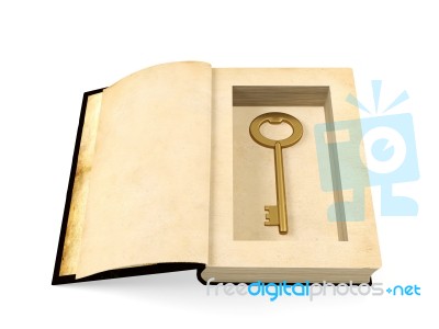 Opened Ancient Paper Book With Retro Golden Key Hidden Inside Stock Image