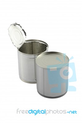 Opened Behind Closed Tin Can On White Background Stock Photo